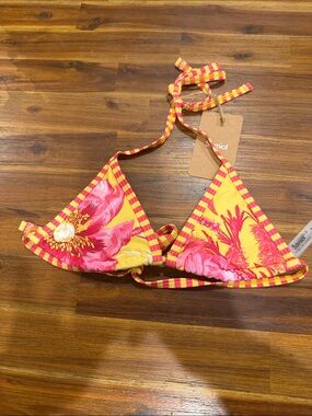 Seafolly Yellow and Pink Floral Striped-Trim Triangle Bikini Top Only